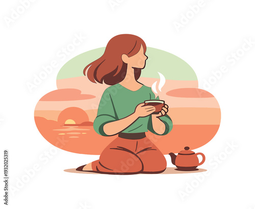 Sunset Tea Moment. Evening person watches sunset with tea, seated calmly as steam rises and the sky shifts into gentle tones |