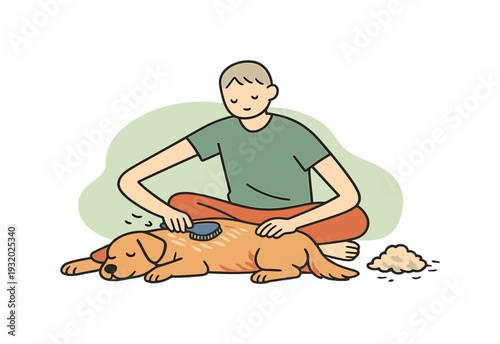 Light person brushes a dog calmly on the floor, guiding strokes along fur as loose hairs gather and the pet stays relaxed. |