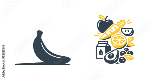 Healthy smoothie ingredients including banana, avocado, berries, and citrus fruits