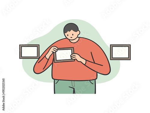 Gentle person arranges photo frames slowly, lifting one frame to adjust spacing, hands careful and precise. | photo frames,