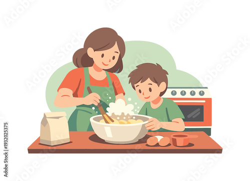 Warm family bakes a cake together at a table, mixing batter in a bowl, flour dust in air, oven behind, shared focus. | family