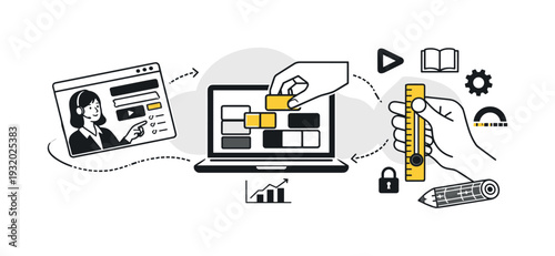 Modern minimal flat vector conceptual collage, crisp hard edges, consistent THIN outline stroke, rounded corners where needed,