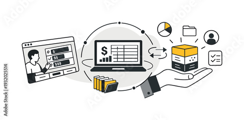 Modern minimal flat vector conceptual collage, crisp hard edges, consistent THIN outline stroke, rounded corners where needed,