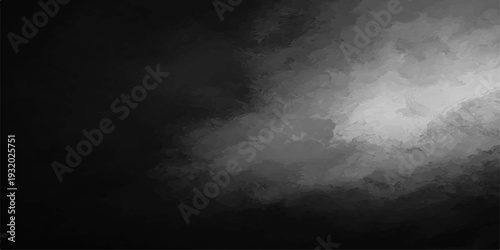 A dark and moody grunge background featuring black and white textures of smoke and swirling clouds under a stormy night sky with misty fog and celestial light