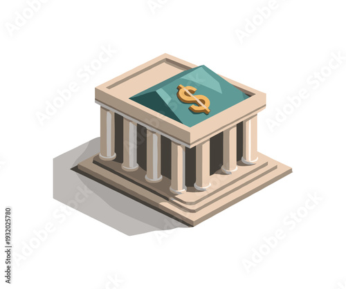 Isometric bank building with golden dollar sign on a teal roof and copy space
