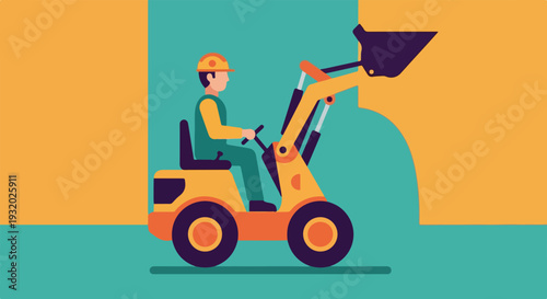 A flat vector illustration portrays a construction worker wearing a hard hat and operating a small yellow and orange front-end loader on a teal ground.