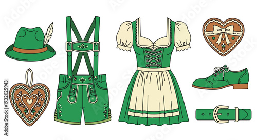 Flat lay of traditional German clothing and accessories including lederhosen, dirndl, hat, shoes, belt, and heart-shaped decorations on a white background with a festive mood.