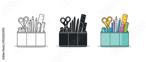 Efficient desk scene showing a rectangular stationery caddy with multiple vertical slots and clean edges, fully visible and