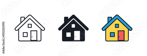 Home discovery concept portrayed by a small suburban house with pitched roof, chimney, and front door clearly visible, the same