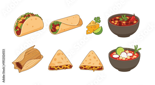 Flat lay of various Mexican food items including tacos, burritos, and bowls of salsa on a white background.