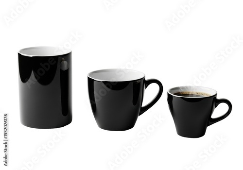 Three modern glossy black ceramic mugs on a white background, one a steaming espresso cup with crema. Professional beverage advertising mockup