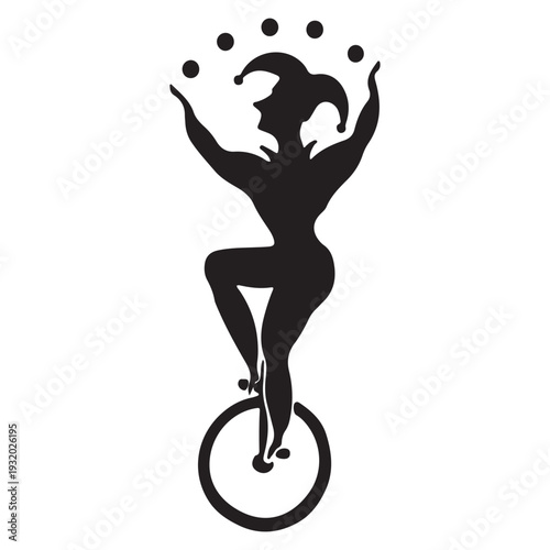 Minimalist Black Silhouette Jester Juggling Unicycle Performance Graphic Icon