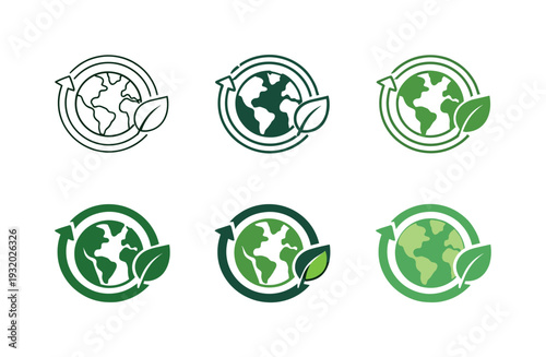 Green future icon showing Earth with leaf and circular arrows around it, representing sustainability, environmental protection,