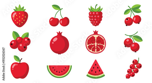 Flat lay illustration of various red fruits including strawberries, cherries, pomegranate, and watermelon on a white background.