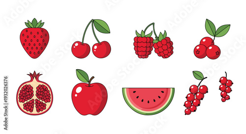 Flat lay illustration of various red fruits including strawberry, cherries, raspberries, currants, pomegranate, apple, and watermelon on a white background.