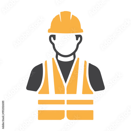 Minimalist Flat Vector Icon of Construction Worker in Orange Hardhat and Vest