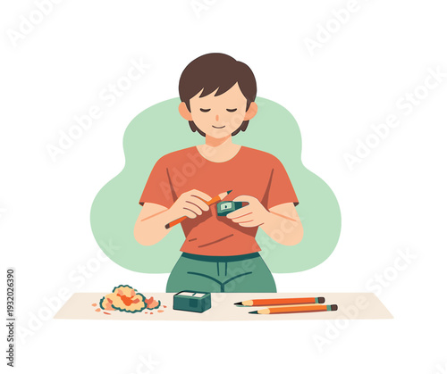 Calm person sharpens pencils at a desk, shavings curl beside a sharpener, points checked carefully, hands steady in calm focus. |