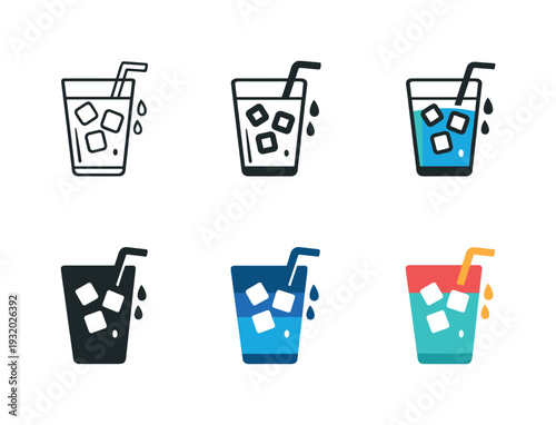 Refreshing cold drinks icon showing a glass with ice cubes, a straw, and condensation droplets to represent chilled beverages,