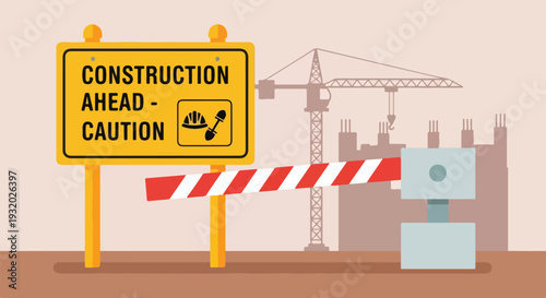 A flat vector illustration depicts a construction zone with a warning sign, a barrier, and silhouetted cranes and buildings in the background.