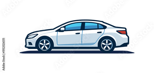 Modern white sedan car illustrated in profile view on a plain gray background