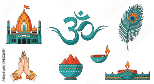 Flat lay of various Hindu religious symbols and icons on a white background, including Om, a temple, and a peacock feather.