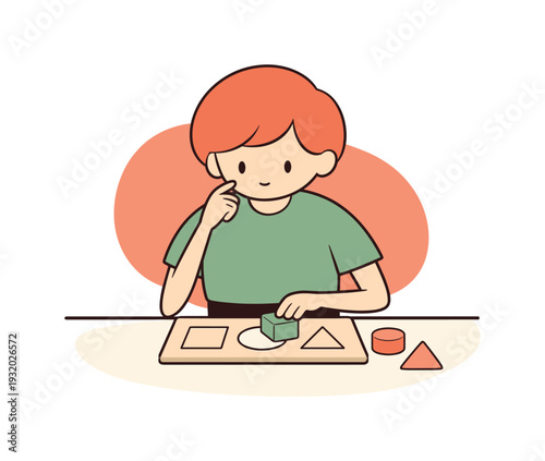 Gentle child learns shapes at a table, hands matching blocks to outlines, pauses marking careful thinking moments. | learning