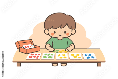 Fresh child sorts stickers by color at a desk, sheets spread neatly, hands moving slowly, box open nearby calm afternoon scene ok