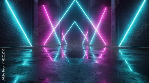 Neon Geometric Tunnel with Pink and Blue Lights Futuristic Abstract Background.