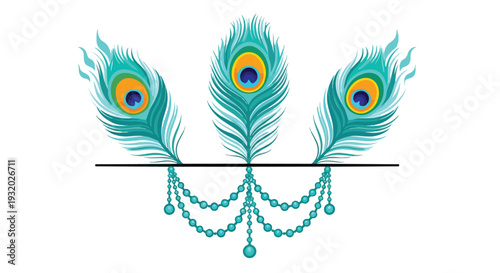 Graphic illustration of three peacock feathers with beads on a horizontal line against a white background.