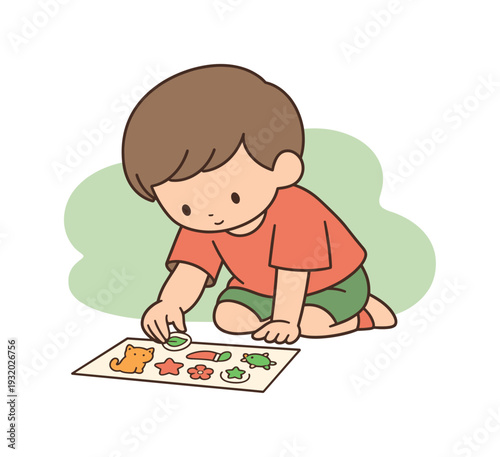 Calm child leans forward peeling one sticker slowly while others remain neatly arranged on a flat surface. | child stickers, flat