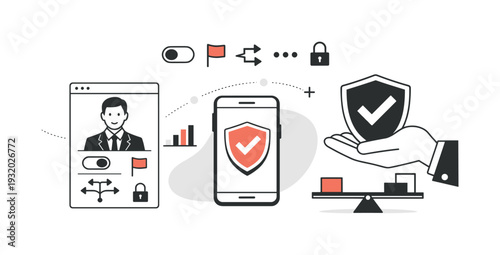 Modern minimal flat vector conceptual collage, crisp hard edges, consistent THIN outline stroke, rounded corners where needed,