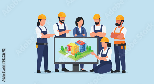 A diverse team of construction professionals and a businesswoman collaborate, reviewing digital building designs on a large monitor.