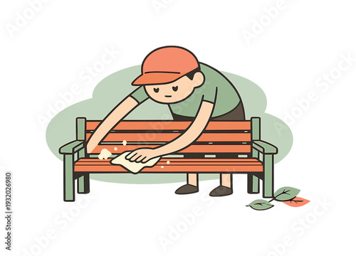 Dusting Garden Bench. Under person wipes a garden bench with a cloth, removing dust as wood slats shine and leaves rest nearby