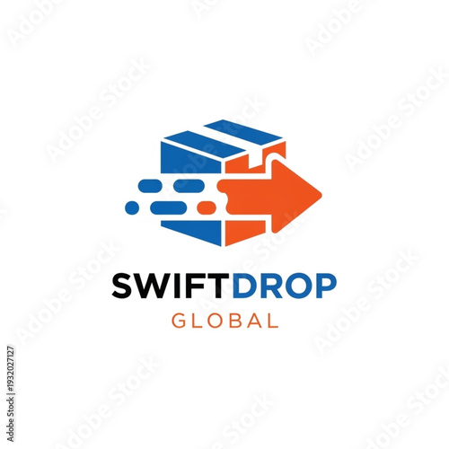 Modern abstract logo for swift delivery and global logistics company featuring a box icon with a fast arrow