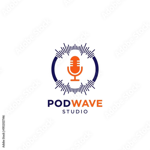 PodWave Studio Logo Design with Microphone Icon and Sound Wave Graphic for Podcast Branding