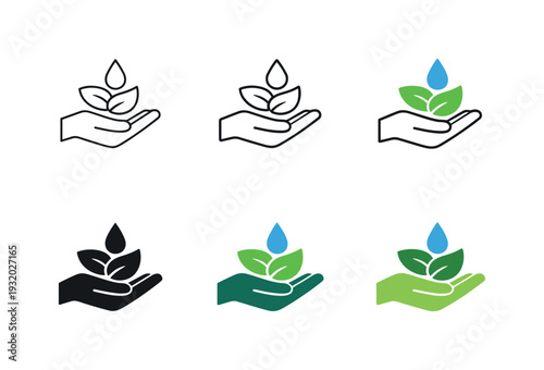 Mindful resource usage icon depicting a hand gently holding a leaf and droplet, symbolizing responsible consumption,