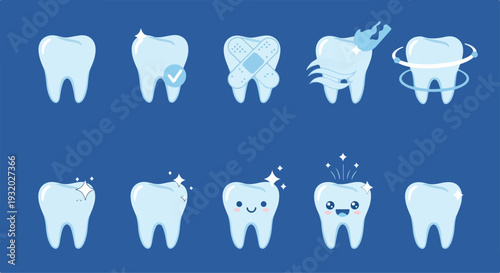 Digital illustration of various cartoon teeth with unique designs on a blue background.