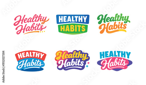 Healthy Habits Logos. Clean modern holiday banner illustration displaying modern lettering logo set for Healthy Habits,