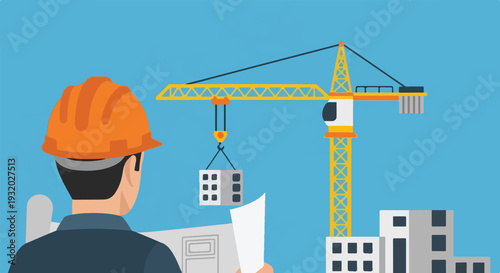 An engineer in an orange hard hat reviews blueprints while observing a construction site with a large tower crane lifting building materials against a blue sky.