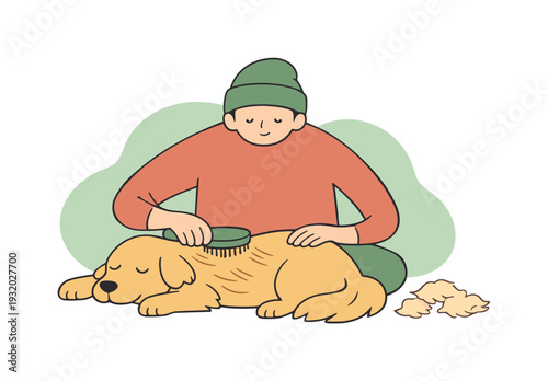 Cozy person brushes a dog calmly on the floor, guiding strokes along fur as loose hairs gather and the pet stays relaxed. |