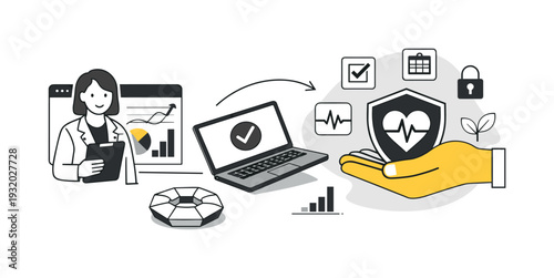 Wellness Recovery Planning. Modern minimal flat vector conceptual collage, crisp hard edges, consistent THIN outline stroke,