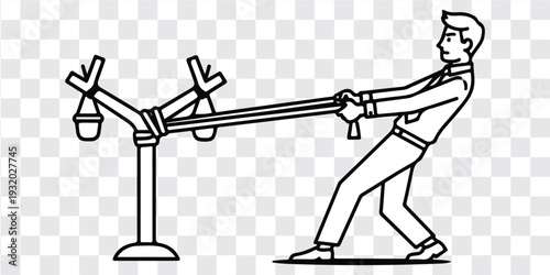 Man Pulling Balance Scale Illustration, Struggling to Tip Scale Stick Figure Line Art