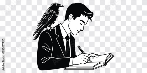 Raven on Shoulder Writer Illustration, Man Writing with Crow Perched Silhouette