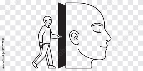 Person Entering Mind Door Illustration, Psychology Mind Door Stick Figure Line Art