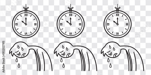 Clock and Crying Sad Faces Illustration, Time Passing Slowly Sad Clock Cartoon