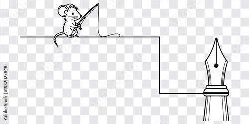 Cartoon Mouse on Fountain Pen Illustration, Cute Mouse Peeking Over Pen Nib Cartoon