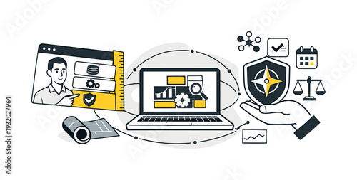 Modern minimal flat vector conceptual collage, crisp hard edges, consistent THIN outline stroke, rounded corners where needed,