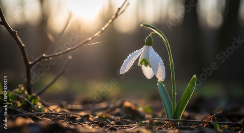 A lone snowdrop flower blooms in the forest, illuminated by the warm sunlight, showcasing its delicate white petals and green stem.