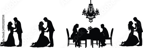 Romantic couple silhouettes in proposal poses, dining table scene with chandelier, love illustration, engagement concept, vector art, storytelling design
