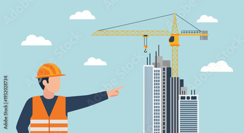 A construction worker points to a city skyline featuring buildings under construction and a large tower crane against a blue sky with clouds.